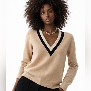 V-Neck Knit Sweater in Camel with Black Trim